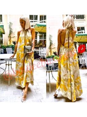 Zara Golden Yellow Floral Halter Tie Open Backless Maxi Summer Dress - XS / S